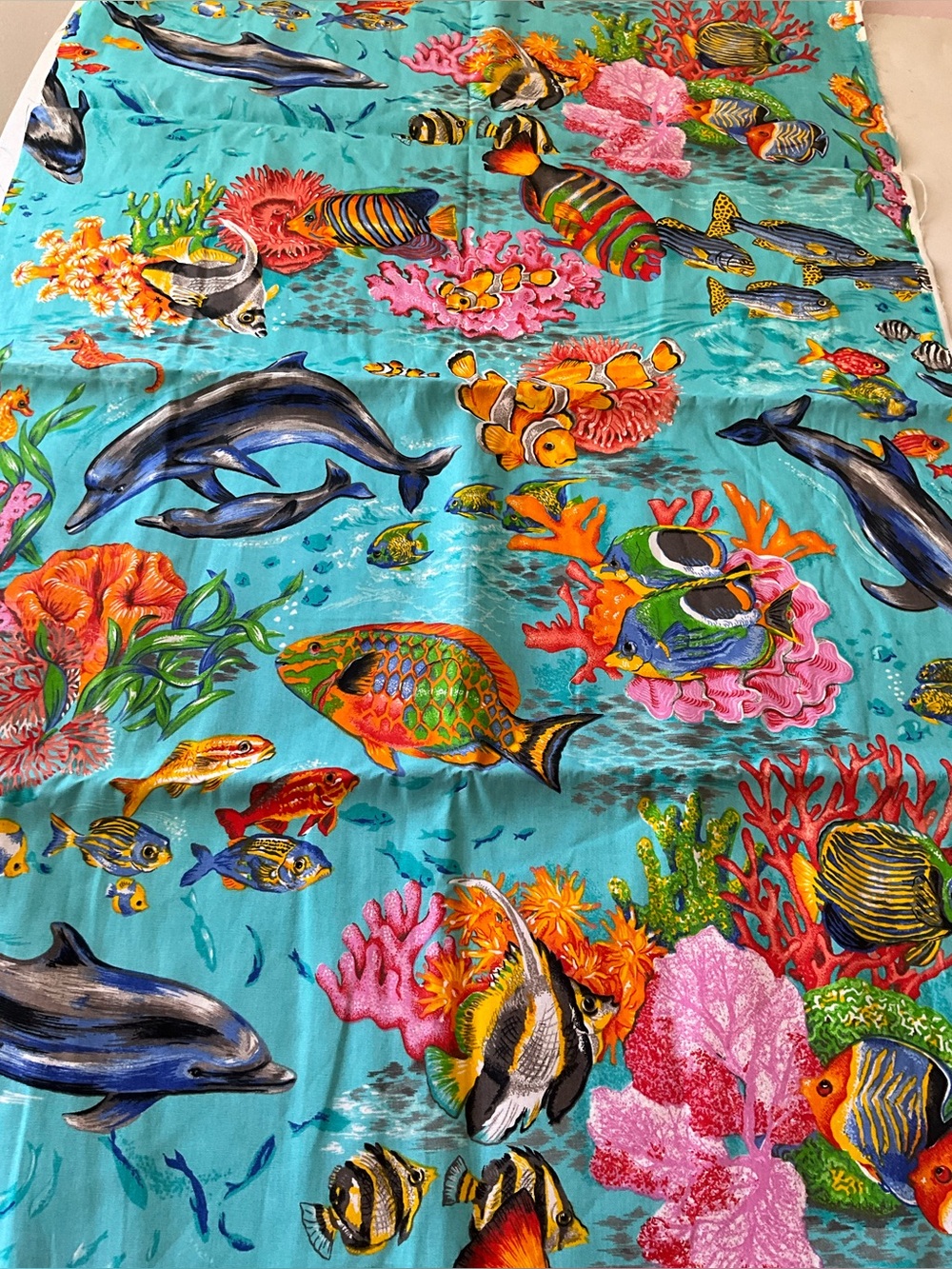 Fabric Blue Aqua Fish Dolphin Tropical Rainbow Fish Cranston 2 Panels 22x34
